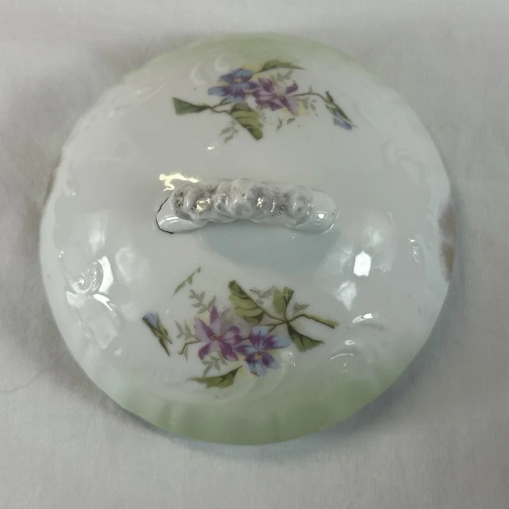 Antique Victorian Porcelain Biscuit Jar - Pink Roses & Violets - Green Ombre